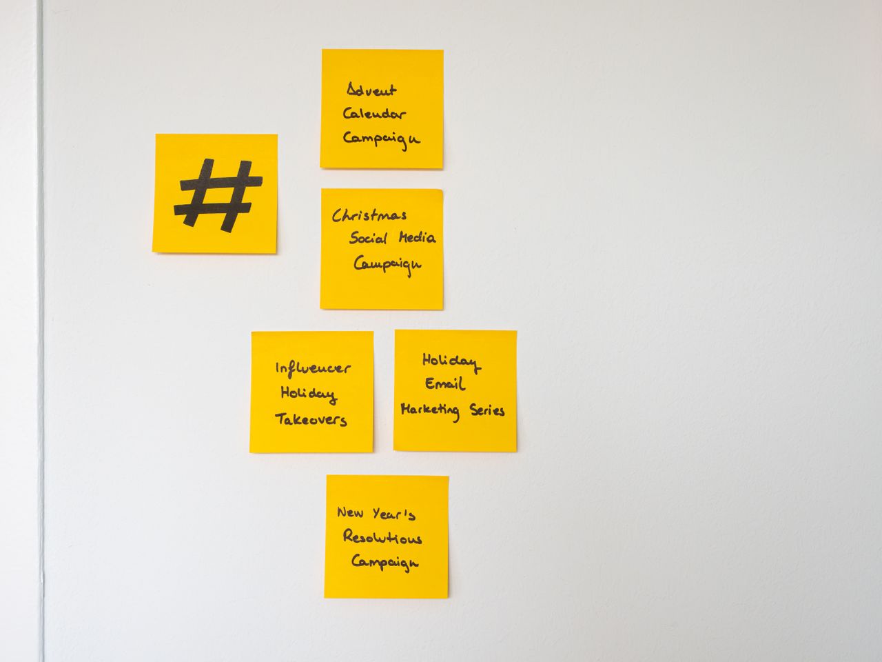 about-us-01 Organized yellow sticky notes on a white wall for holiday marketing strategies.